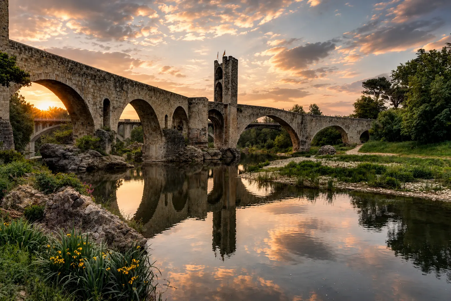 Puente románico de Besalú al atardecer